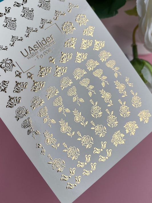 Nail Water Decal Fg-008 | Floral Water Slide Nail Decals with Gold Foil Roses | Romantic Nail Art
