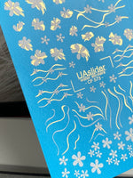 Nail Water Decal CF-573 | Water Slide Nail Decals with White Flowers | Golden Accents and Wavy Lines - UASLIDER