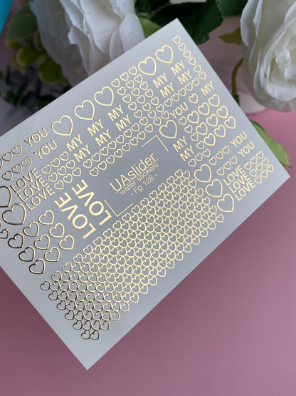 Adesivi per unghie ad acqua Fg-128 | Adesivi per unghie a scivolamento ad acqua con cuori dorati e parole d'amore | Romantico San Valentino