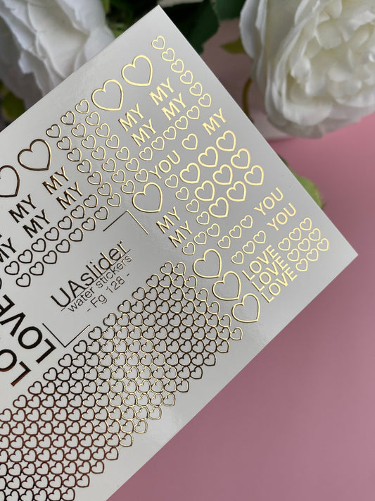 Nail Water Decal Fg-128 | Water Slide Nail Decals with Gold Hearts & Love Words | Romantic Valentine