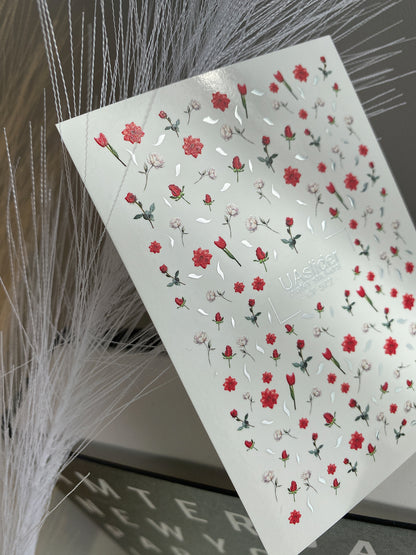 Köröm víz matrica CF-572 | Vízsikló köröm matricák rózsákkal és szegfűkkel | Piros és fehér virágos köröm művészet