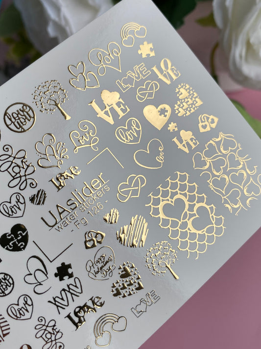 Nail Water Decal Fg-126 | Water Slide Nail Decals with Gold Hearts & Love Symbols | Romantic Design