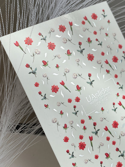 Köröm víz matrica CF-572 | Vízsikló köröm matricák rózsákkal és szegfűkkel | Piros és fehér virágos köröm művészet