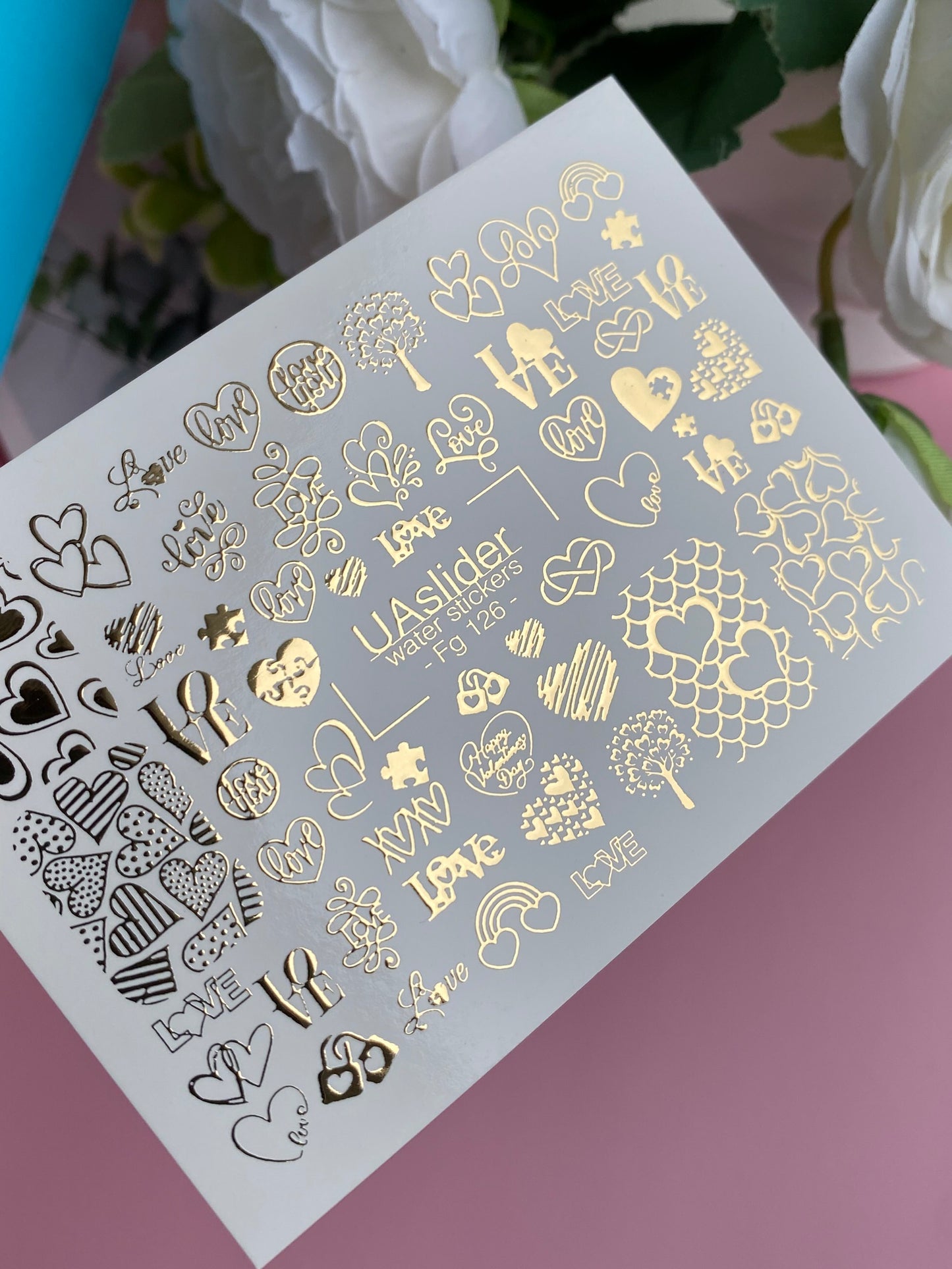 Nail Water Decal Fg-126 | Water Slide Nail Decals with Gold Hearts & Love Symbols | Romantic Design