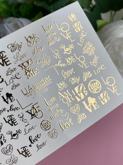 Nail Water Decal Fg-129 | Water Slide Nail Decals with Gold Love Letters | Romantic Nail Art