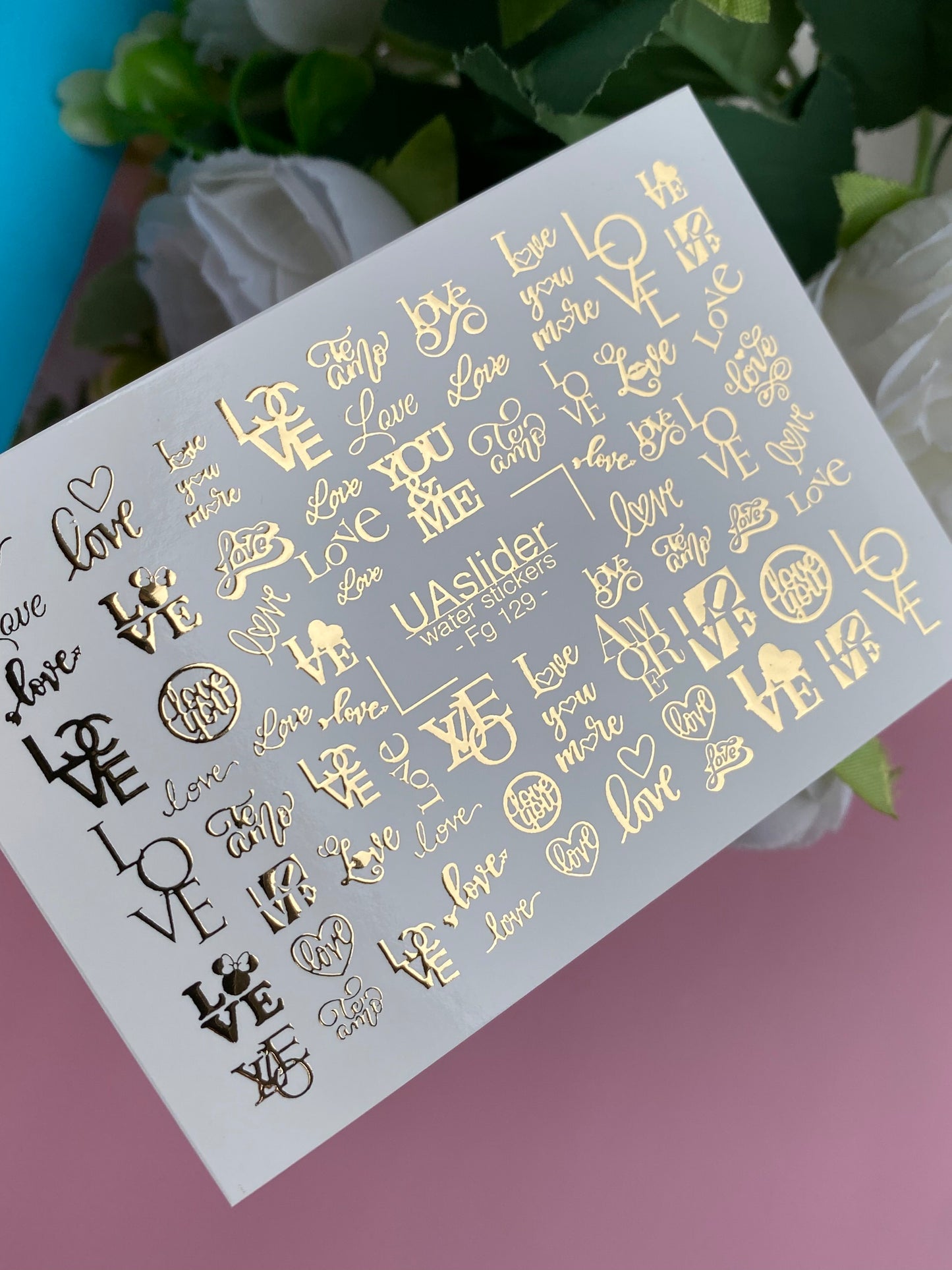 Nail Water Decal Fg-129 | Water Slide Nail Decals with Gold Love Letters | Romantic Nail Art