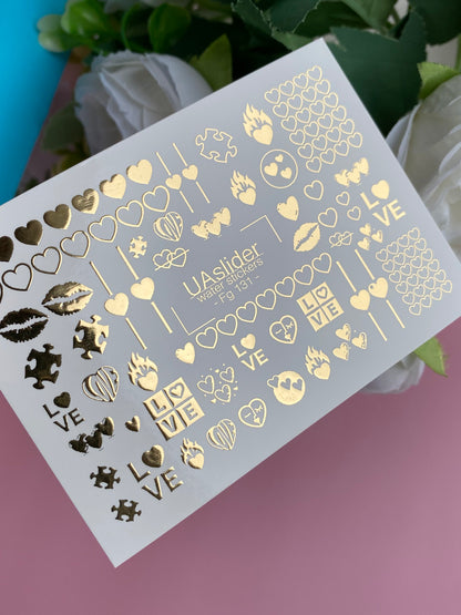 Nail Water Decal Fg-131 | Water Slide Nail Decals with Gold Hearts and Love Symbols | Romantic Nail Tattoos