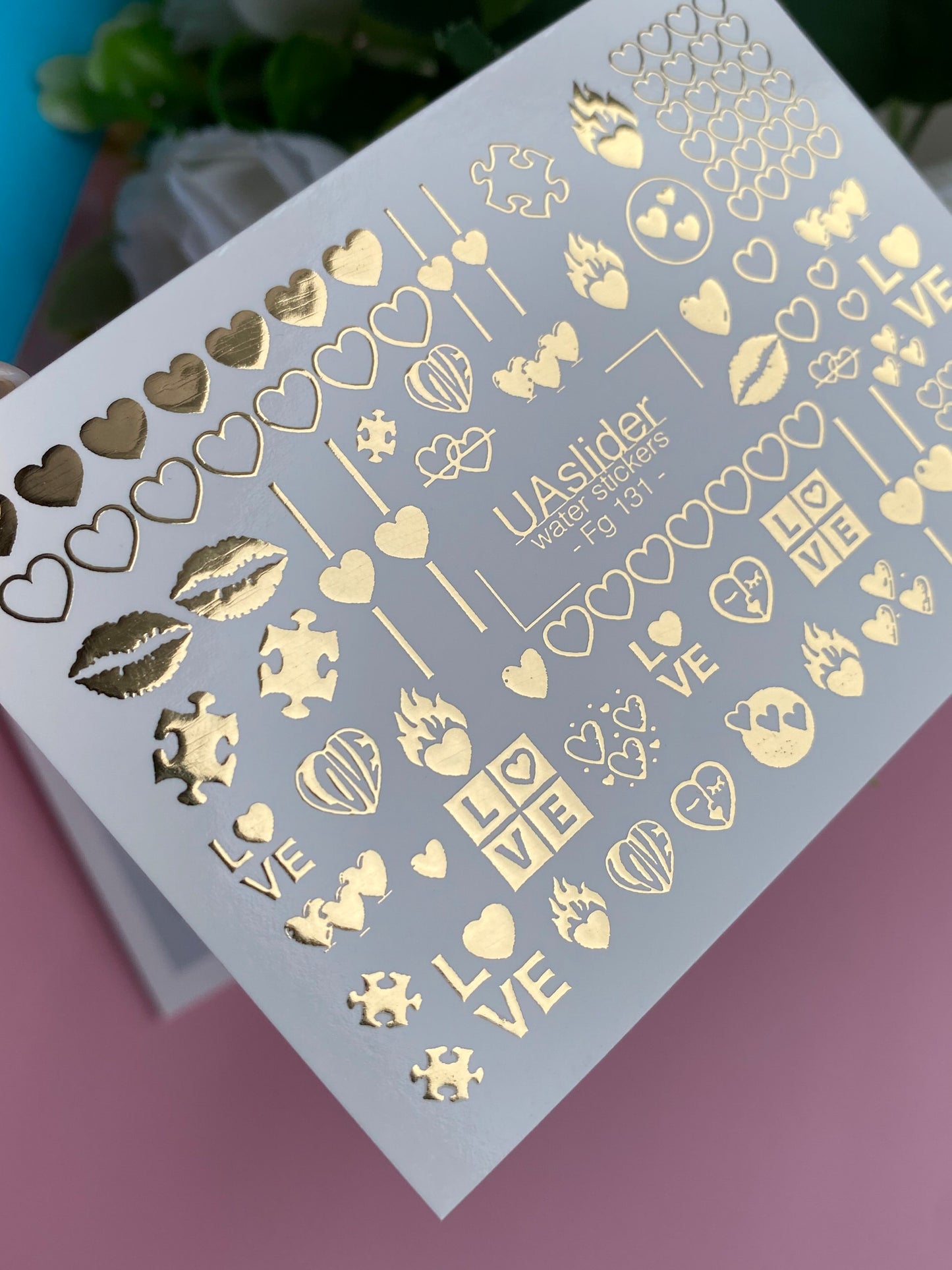 Nail Water Decal Fg-131 | Water Slide Nail Decals with Gold Hearts and Love Symbols | Romantic Nail Tattoos