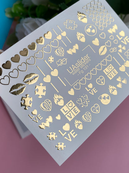 Nail Water Decal Fg-131 | Water Slide Nail Decals with Gold Hearts and Love Symbols | Romantic Nail Tattoos