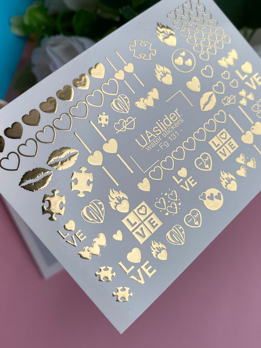 Nail Water Decal Fg-131 | Water Slide Nail Decals with Gold Hearts and Love Symbols | Romantic Nail Tattoos