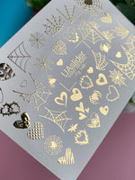 Nail Water Decal Fg-149 | Water Slide Nail Decals with Gold Spider Webs and Hearts | Gothic Halloween Nail Art - UASLIDER