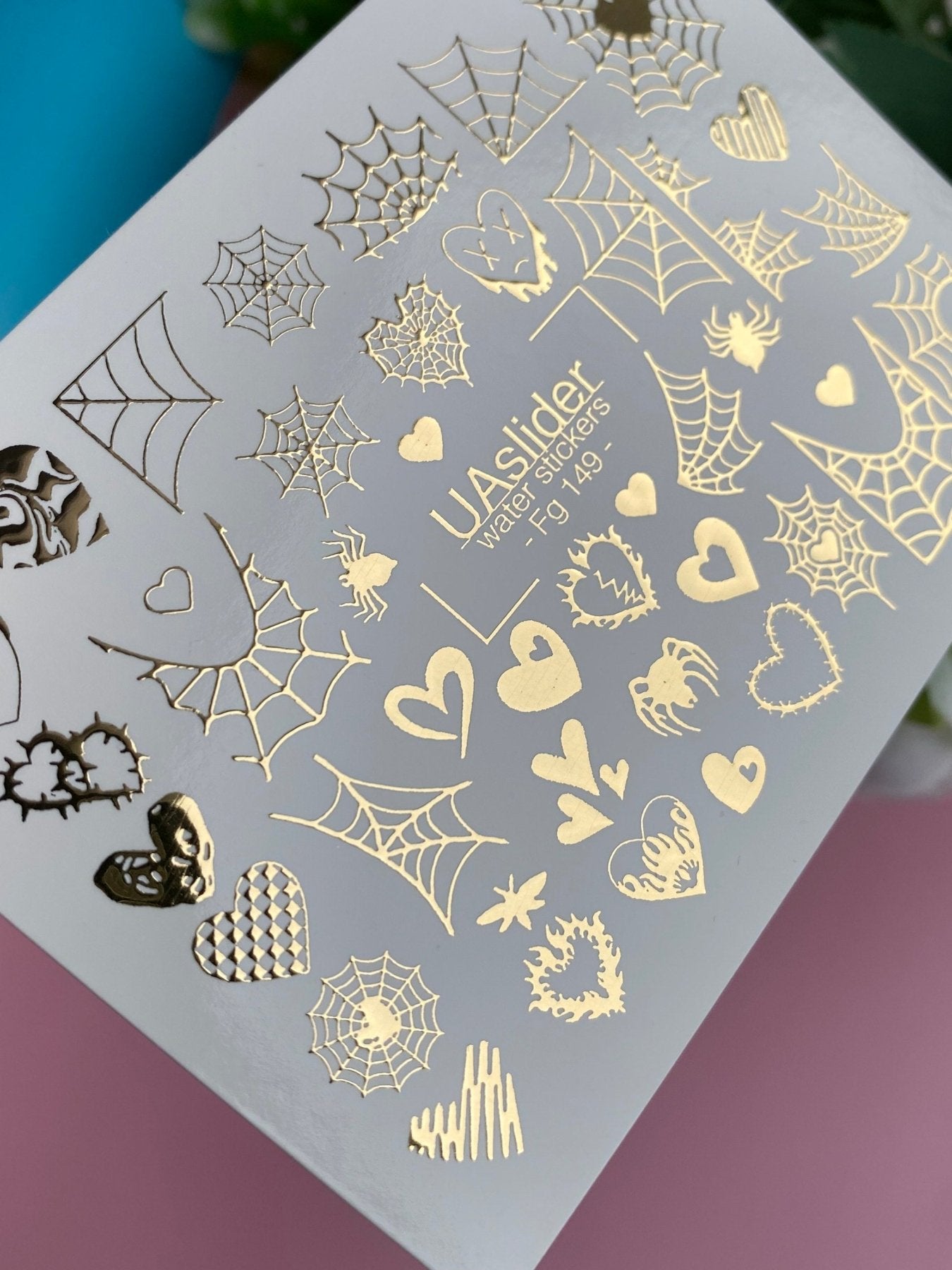 Nail Water Decal Fg-149 | Water Slide Nail Decals with Gold Spider Webs and Hearts | Gothic Halloween Nail Art - UASLIDER