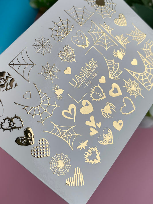 Nail Water Decal Fg-149 | Water Slide Nail Decals with Gold Spider Webs and Hearts | Gothic Halloween Nail Art