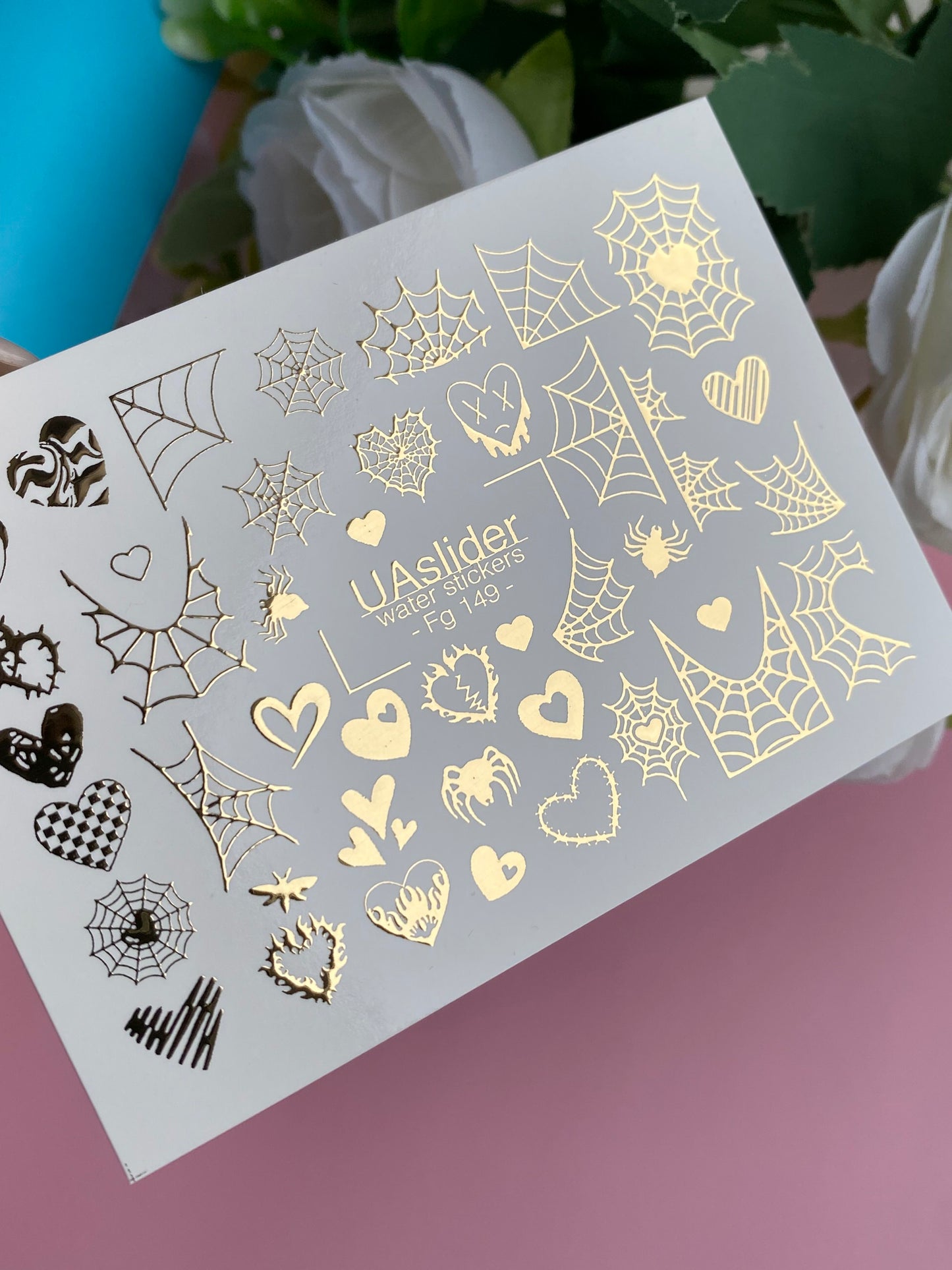 Nálepky na nehty Fg-149 | Vodní nálepky na nehty se zlatými pavučinami a srdíčky | Gotický halloweenský nail art