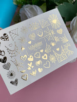 Nail Water Decal Fg-149 | Water Slide Nail Decals with Gold Spider Webs and Hearts | Gothic Halloween Nail Art - UASLIDER
