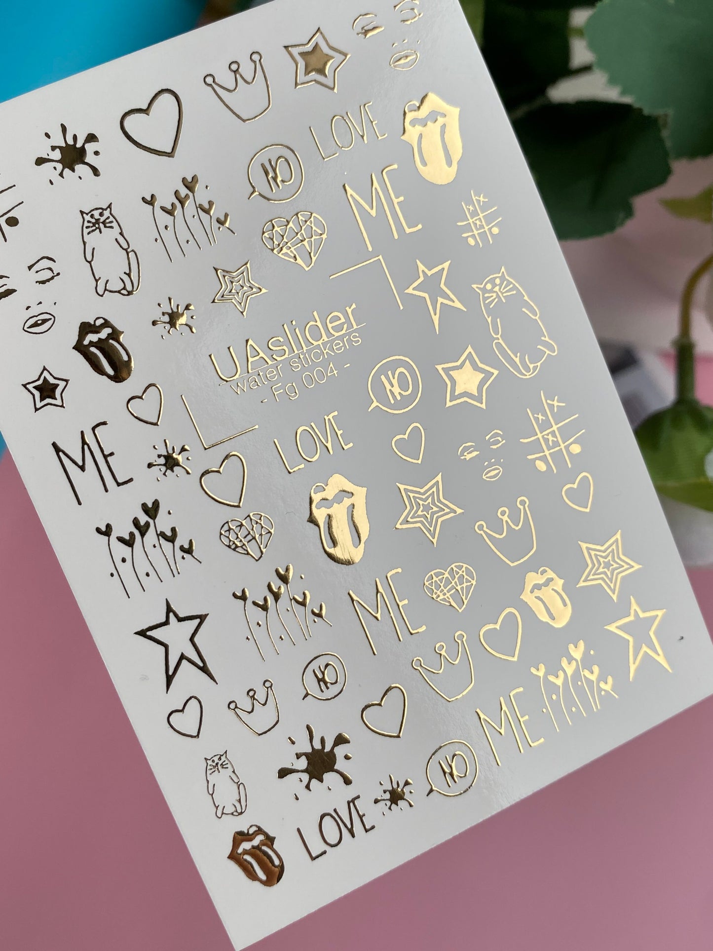 Nagel Wasserabziehbild Fg-004 | Pop Art Wasserfolien-Nagelabziehbilder mit Goldfolie | Herzen, Sterne & Liebeszitate