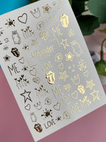 Nail Water Decal Fg-004 | Pop Art Water Slide Nail Decals with Gold Foil | Hearts, Stars & Love Quotes - UASLIDER