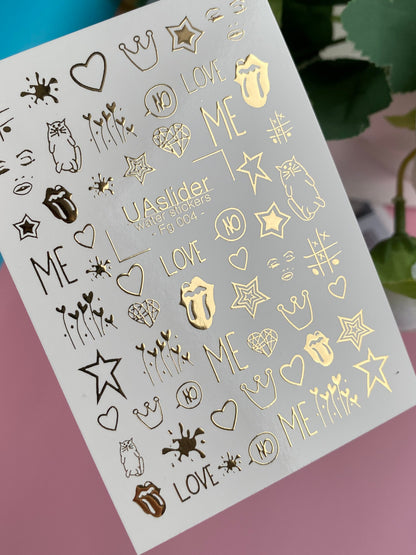 Nagel Wasserabziehbild Fg-004 | Pop Art Wasserfolien-Nagelabziehbilder mit Goldfolie | Herzen, Sterne & Liebeszitate