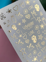 Nail Water Decal Fg-004 | Pop Art Water Slide Nail Decals with Gold Foil | Hearts, Stars & Love Quotes - UASLIDER