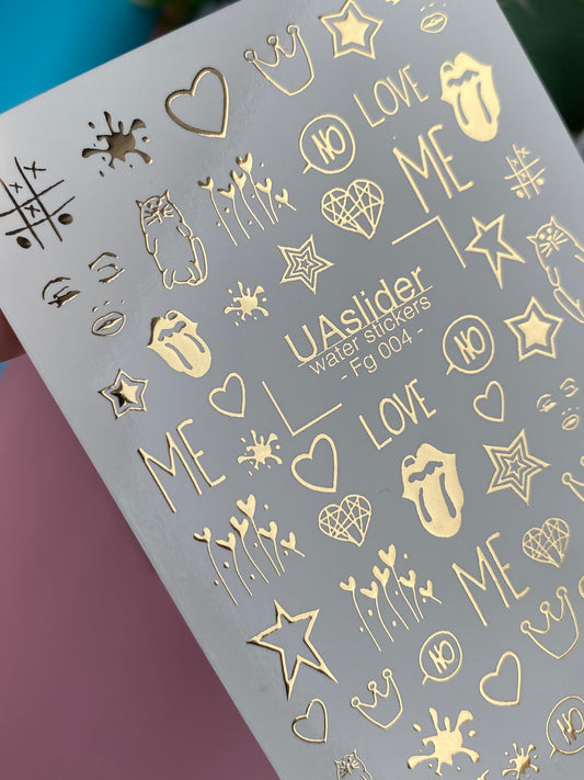 Nail Water Decal Fg-004 | Pop Art Water Slide Nail Decals with Gold Foil | Hearts, Stars & Love Quotes