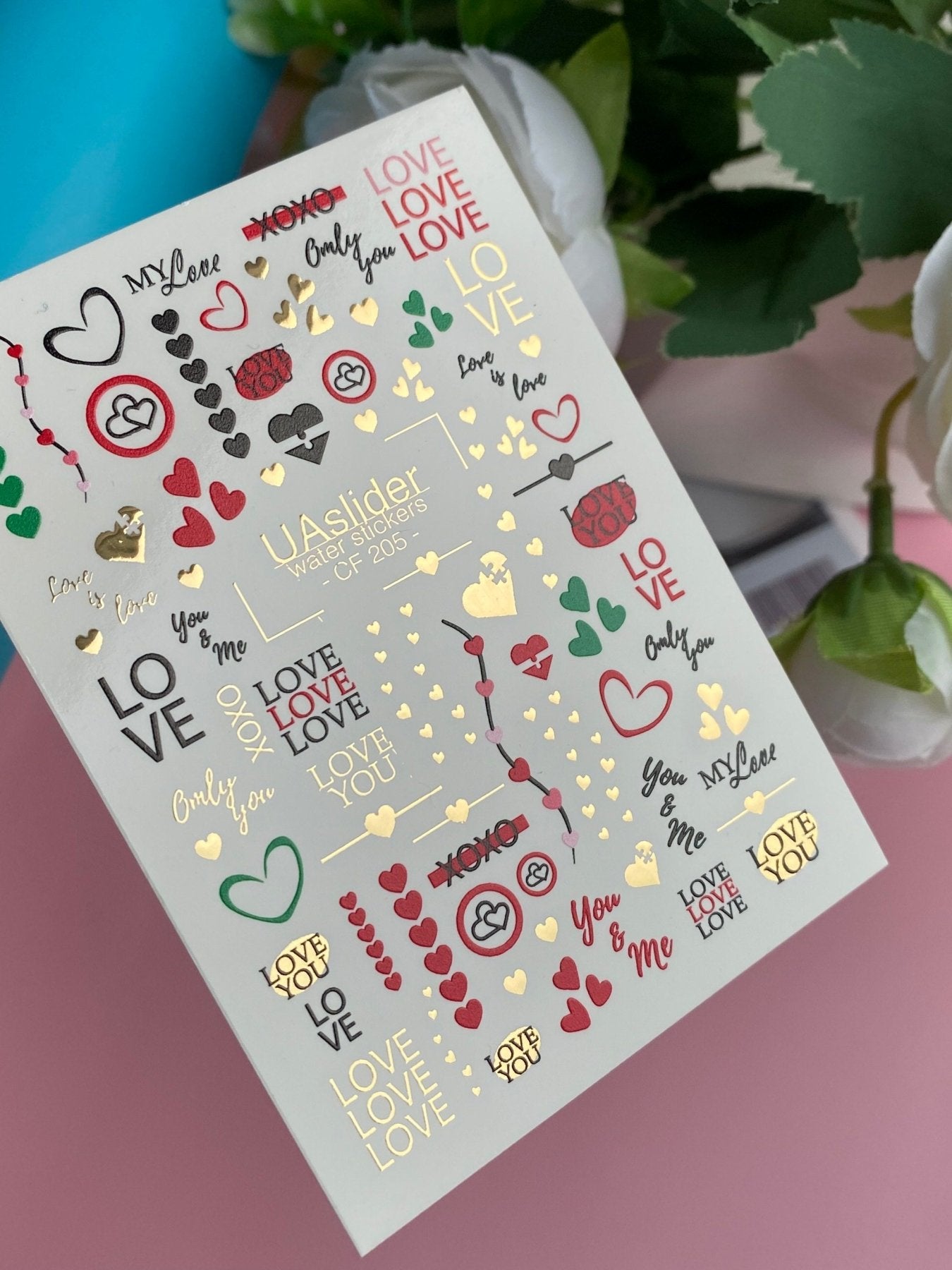 Nail Water Decal CF-205 | Nail Water Decals | Love Phrases & Hearts with Gold Accents - UASLIDER