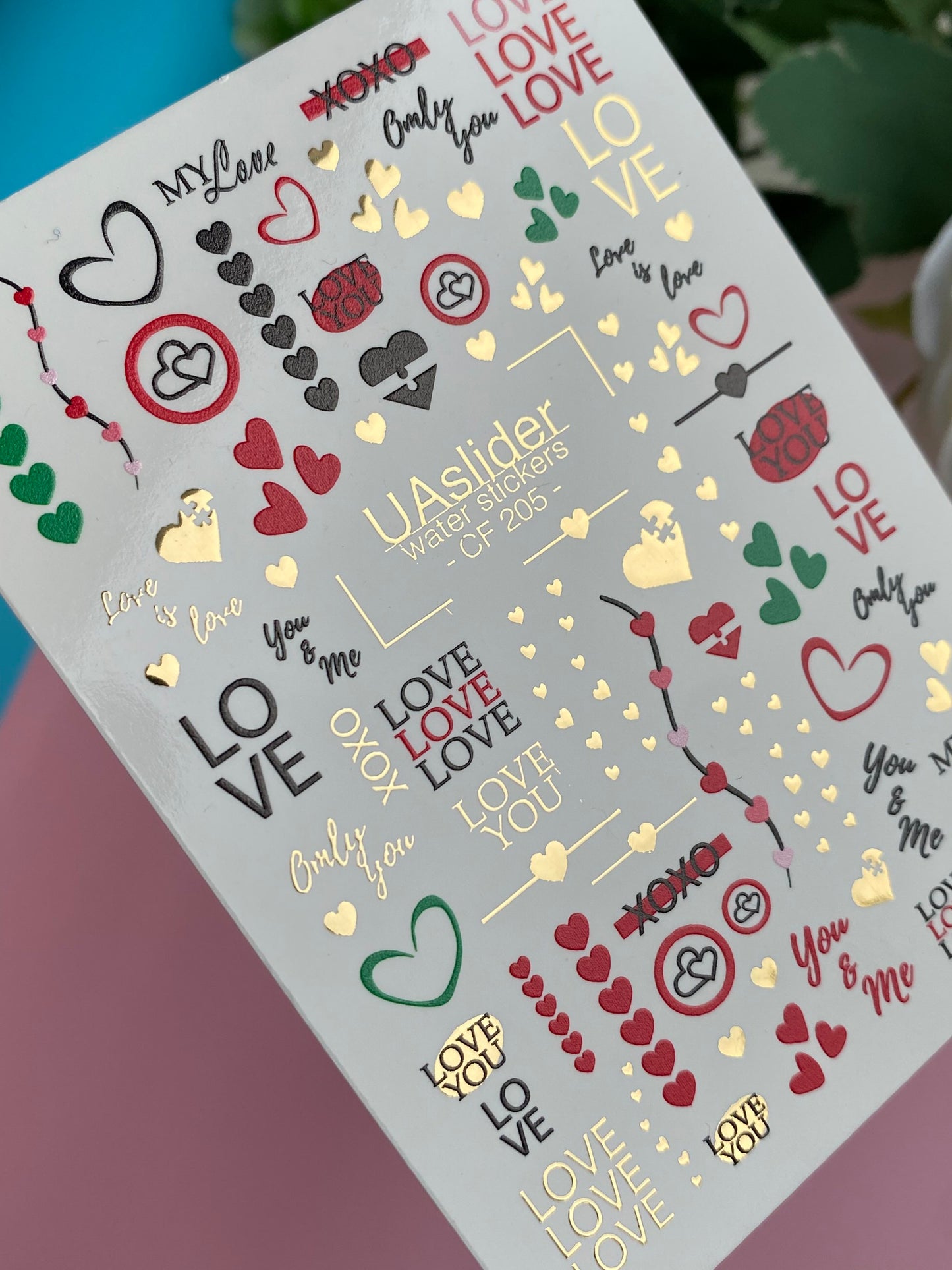 Nail Water Decal CF-205 | Nail Water Decals | Love Phrases & Hearts with Gold Accents