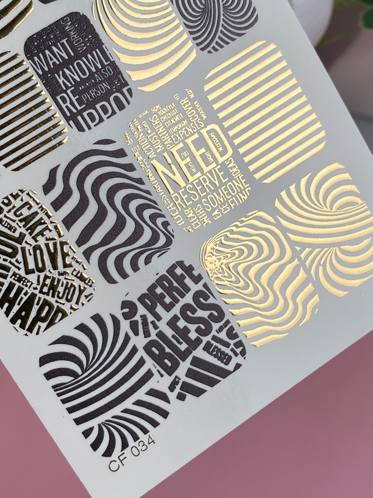 Nail Water Decal CF-034 | Optical Illusion Water Slide Nail Decals | Black, White & Gold Typography Patterns