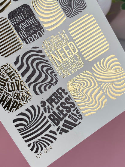 Nail Water Decal CF-034 | Optical Illusion Water Slide Nail Decals | Black, White & Gold Typography Patterns