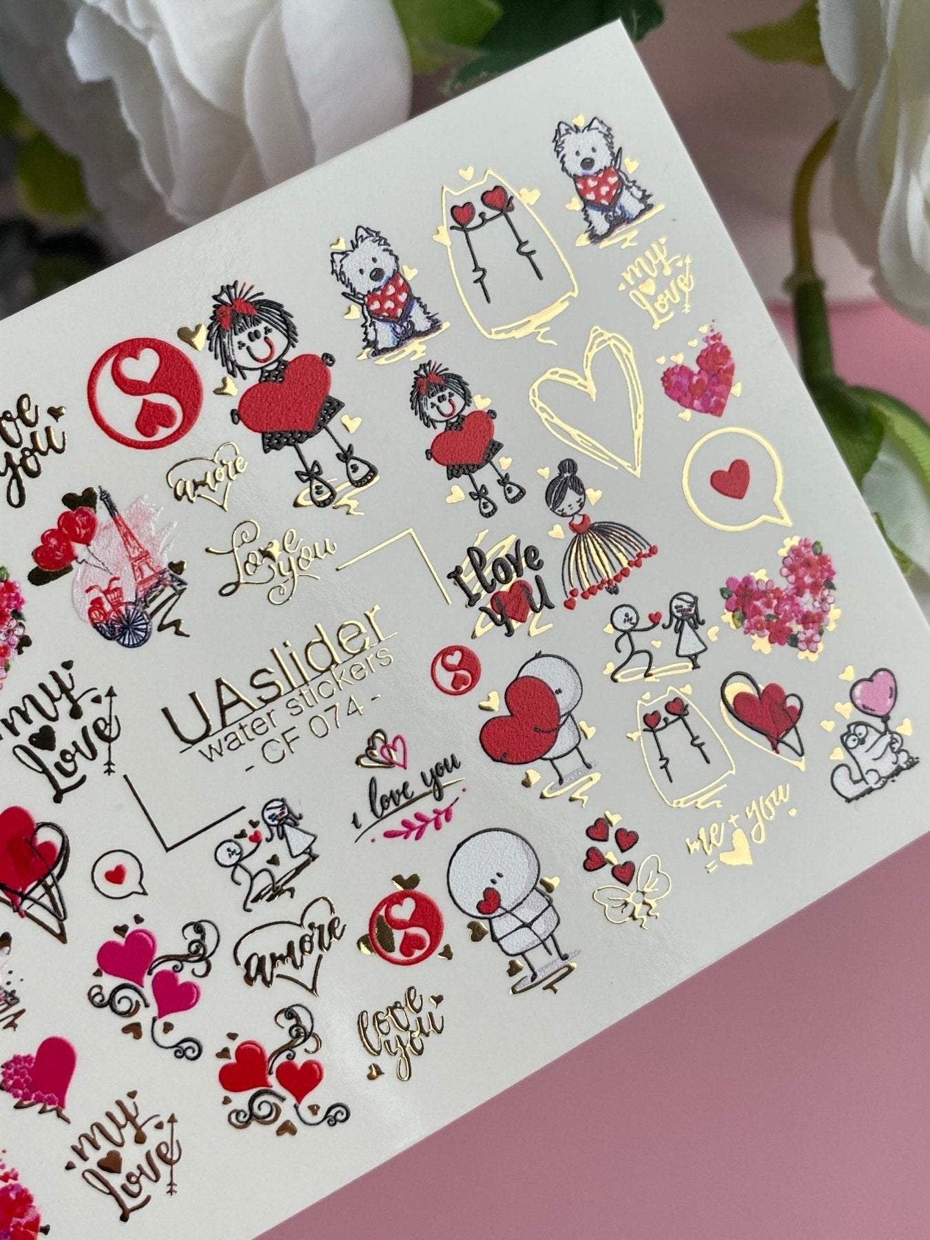 Nail Water Decal CF-074 | Valentine’s Day Nail Art Water Decals | Love Letters, Hearts, Cute Animals and Romantic Designs - UASLIDER