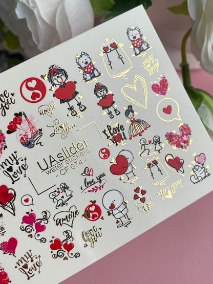 Nail Water Decal CF-074 | Valentine’s Day Nail Art Water Decals | Love Letters, Hearts, Cute Animals and Romantic Designs