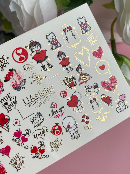 Nail Water Decal CF-074 | Valentine’s Day Nail Art Water Decals | Love Letters, Hearts, Cute Animals and Romantic Designs