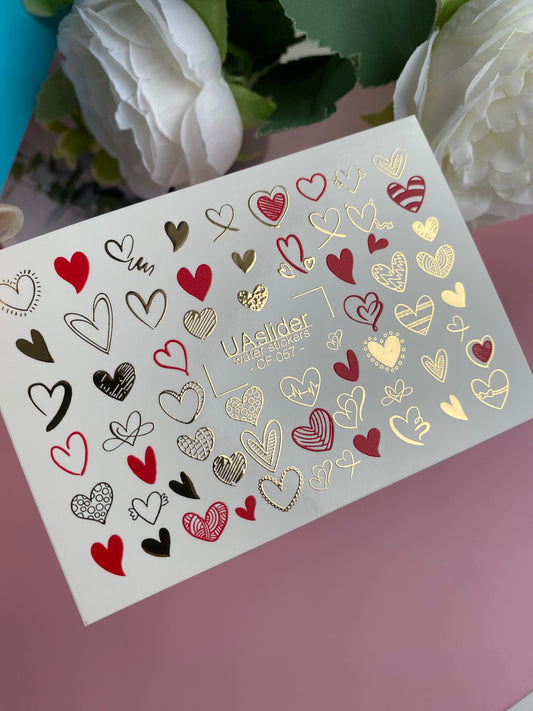 Nail Water Decal CF-057 | Heart Nail Water Decals | Red, Black & Gold Love Slider Designs