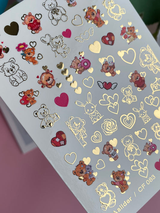 Nail Water Decal CF-083 | Cute Bears Water Slide Nail Decals | Hearts & Love Elements