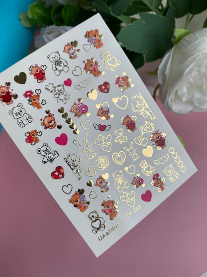 Nail Water Decal CF-083 | Cute Bears Water Slide Nail Decals | Hearts & Love Elements