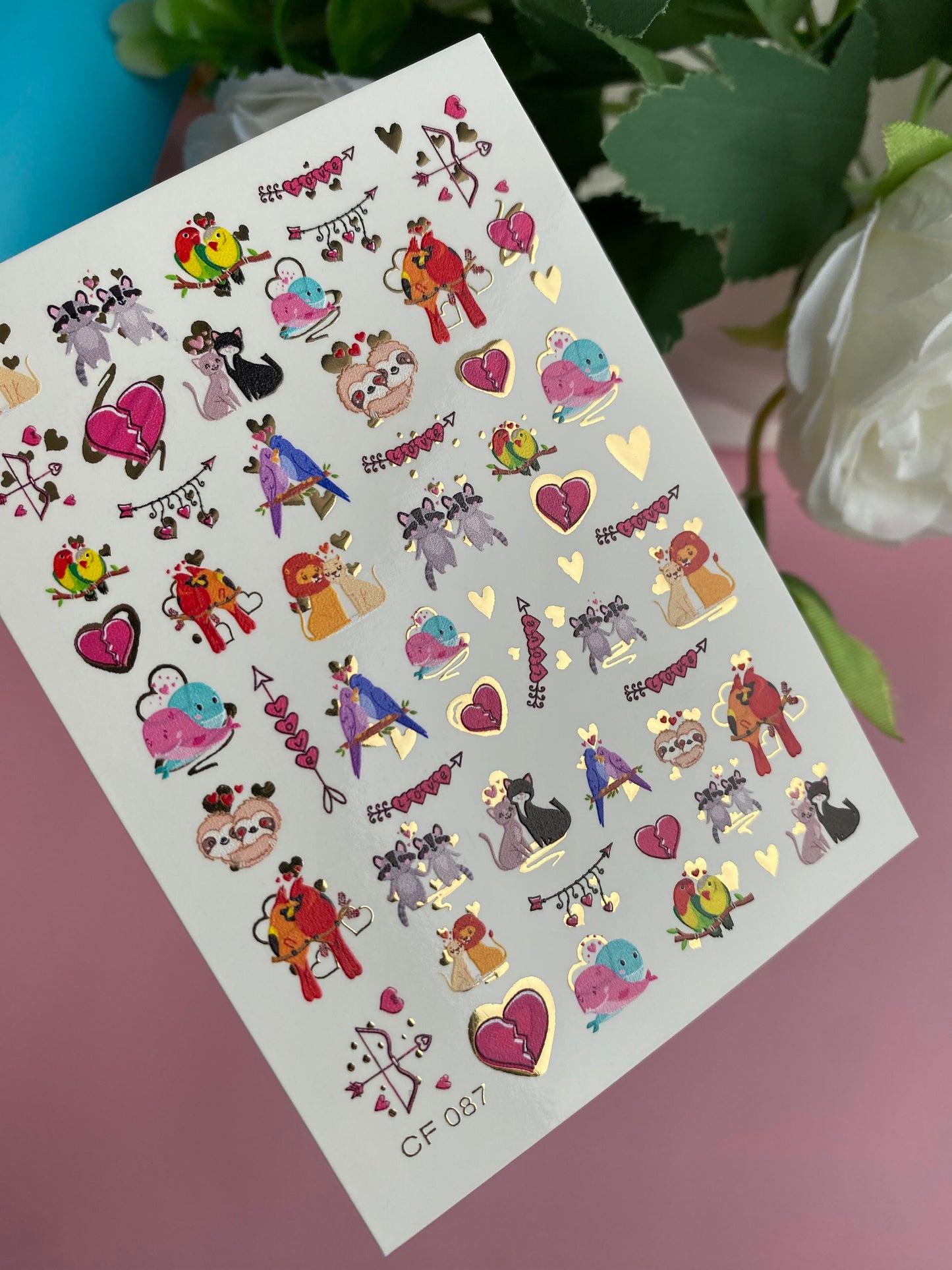 Nagel Wasserabziehbild CF-087 | Niedliche Tierpaare Wasserfolien Nagelabziehbilder | Liebesvögel, Katzen, Faultiere & Löwen