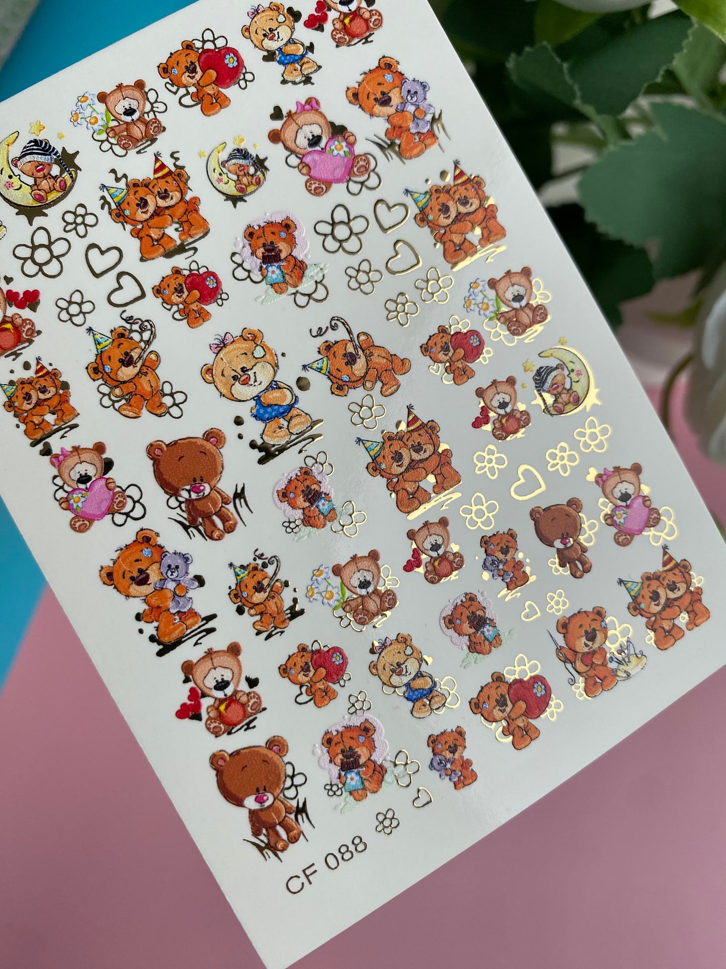 Nálepka na nehty CF-088 | Roztomilá vodní nálepka na nehty s medvídkem | Narozeniny, láska a ospalí medvídci