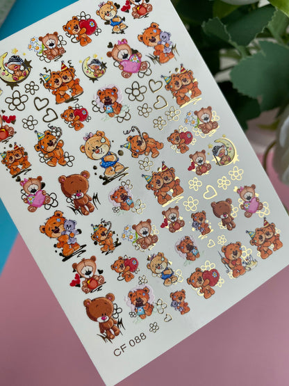 Nálepka na nehty CF-088 | Roztomilá vodní nálepka na nehty s medvídkem | Narozeniny, láska a ospalí medvídci