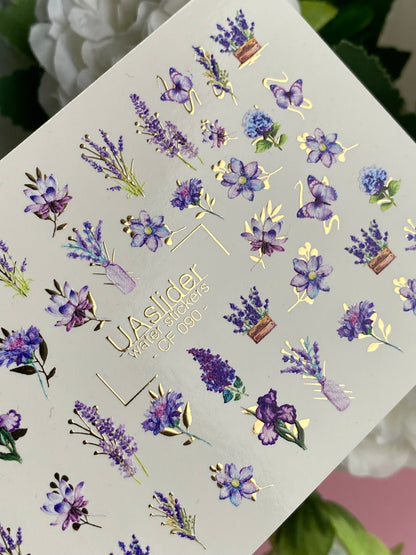 Nail Water Decal CF-090 | Lavender & Violet Floral Water Slide Nail Decals | Purple Flowers & Butterflies