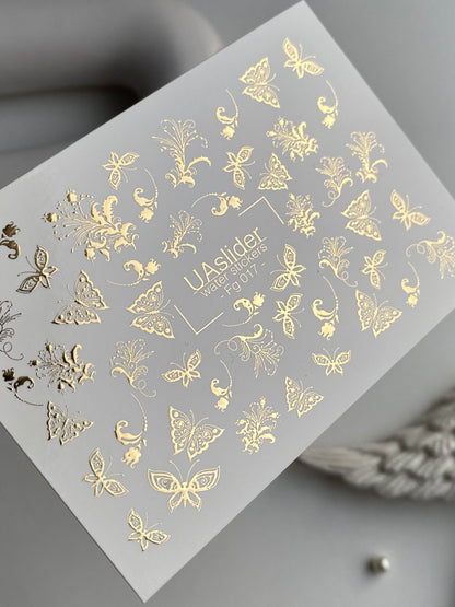 Nail Water Decal Fg-017 | Butterfly Water Slide Nail Decals with Gold Foil | Ornamental Elegant Designs