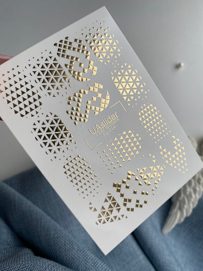 Nail Water Decal Fg-014 | Geometric Water Slide Nail Decals with Gold Foil | Triangle & Grid Patterns