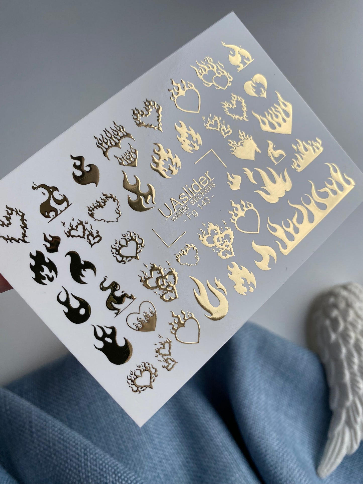 Nail Water Decal Fg-143 | Water Slide Nail Decals with Gold Flame Hearts | Bold Fire Nail Art