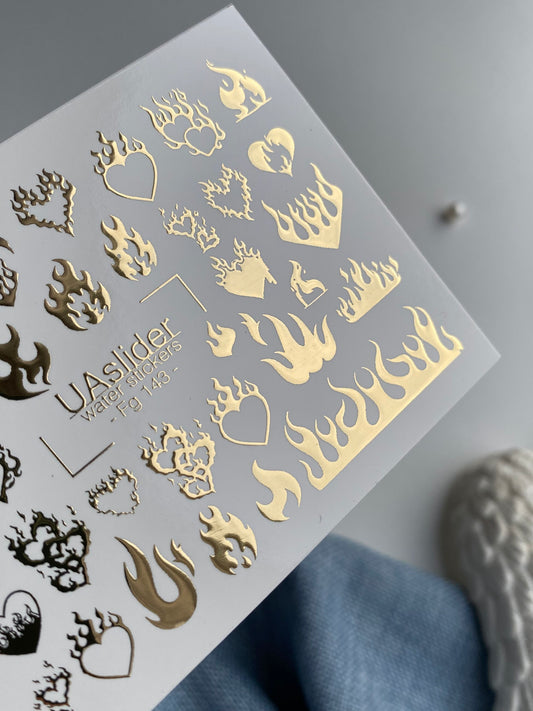 Nail Water Decal Fg-143 | Water Slide Nail Decals with Gold Flame Hearts | Bold Fire Nail Art