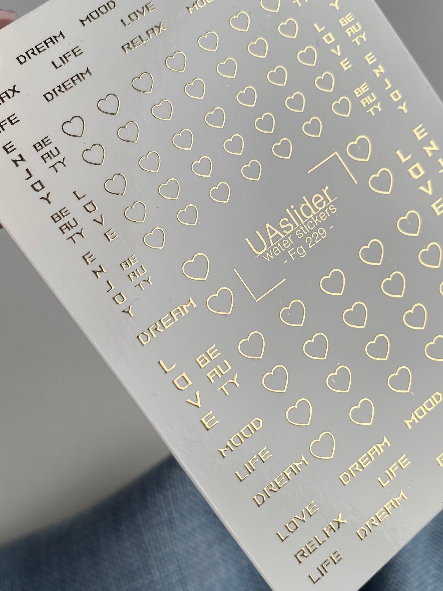 Nail Water Decal Fg-229 | Water Slide Nail Decals | Gold Foil Words & Heart Accents