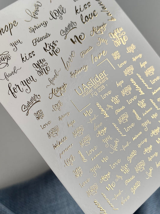 Nail Water Decal Fg-228 | Water Slide Nail Decals | Gold Foil Love & Kiss Quotes