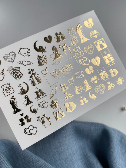 Nail Water Decal Fg-127 | Water Slide Nail Decals with Gold Couples & Hearts | Romantic Love