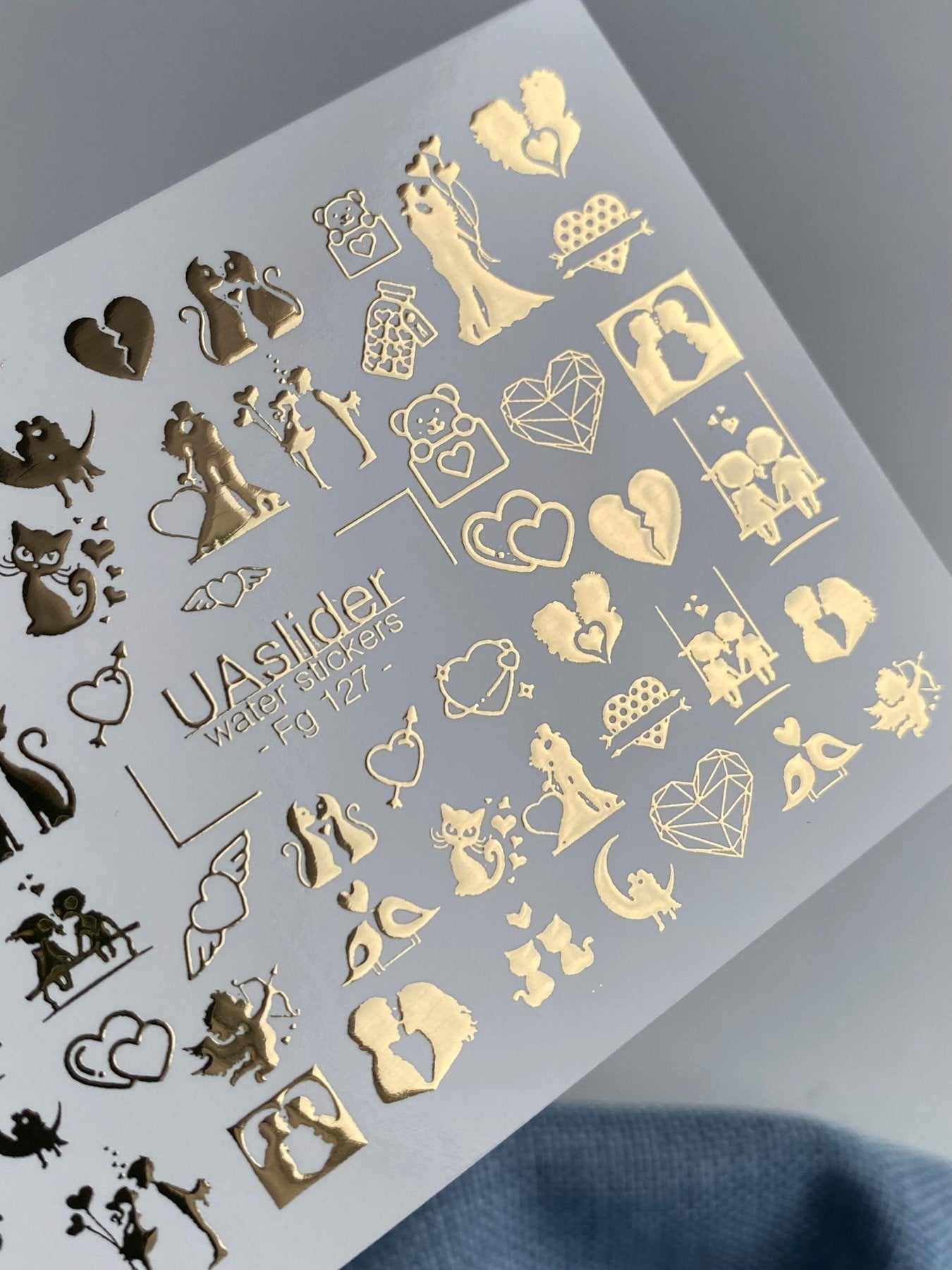 Nail Water Decal Fg-127 | Water Slide Nail Decals with Gold Couples & Hearts | Romantic Love - UASLIDER