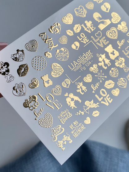 Nail Water Decal Fg-124 | Water Slide Nail Decals with Gold Hearts & Love Quotes | Romantic Valentine