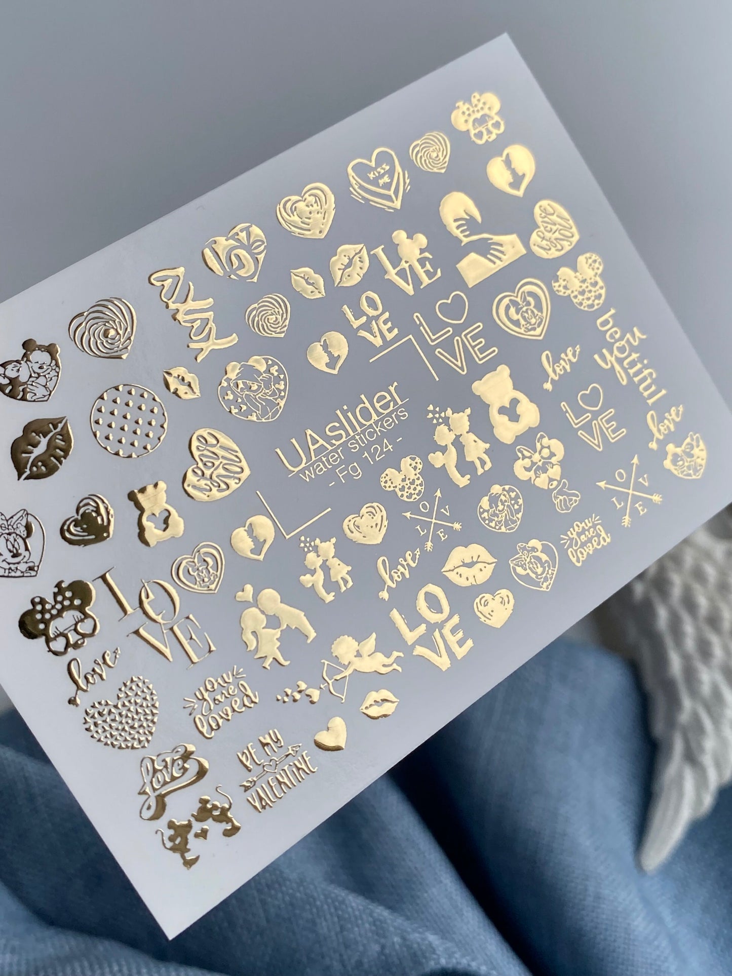 Nail Water Decal Fg-124 | Water Slide Nail Decals with Gold Hearts & Love Quotes | Romantic Valentine