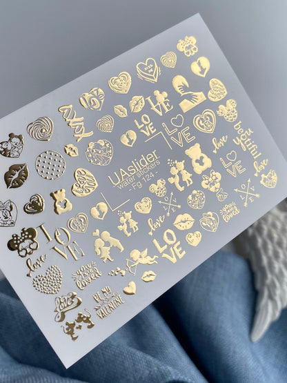 Nail Water Decal Fg-124 | Water Slide Nail Decals with Gold Hearts & Love Quotes | Romantic Valentine