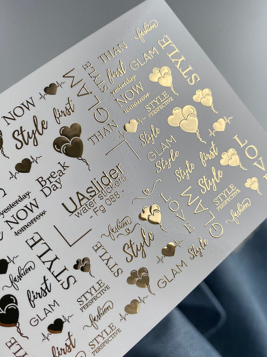 Nail Water Decal Fg-088 | Gold Foil Water Slide Nail Decals | Glam Style & Love Quotes